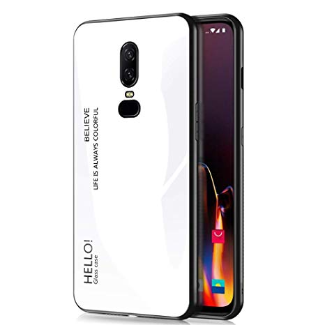 Oneplus 6 Case,Gradient Bicolor 9H Tempered Glass Series-Slim Light Weight Thin Drop Proof Cover with Soft Protective Bumper Compatible with Oneplus 6 Smartphone (White)
