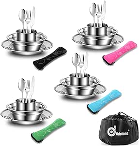 Odoland 29pcs Stainless Steel Camping Flatware Sets with Bowls Plates Cups Forks Spoons and Knives for 4, Cutlery Flatware Set for Backpacking, Outdoor Camping Hiking and Picnic