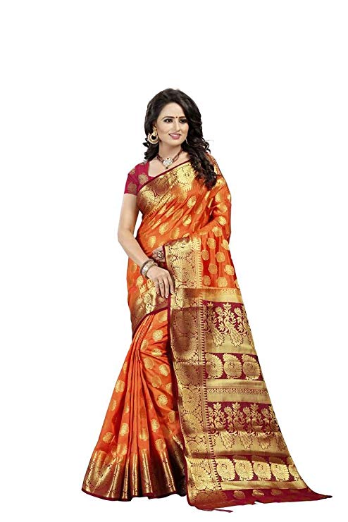 Mirraw Wedding Wear Orange Art Silk Woven Saree with Unstitched Blouse