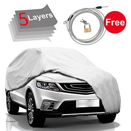 5 Layer Car Cover SUV Cover Snow Cover-Waterproof Windproof for Indoor Outdoor, Rain, Snow, Dust, Ice, Sun All Weather Cover for Car, Windproof Ribbon & Anti-theft Lock, Fits up to 204"