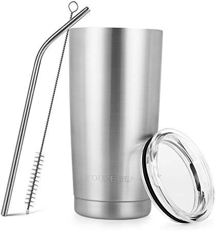 Stainless Steel Tumbler 20oz - Vacuum Insulated Tumbler Coffee Cup Double Wall Large Travel Mug with Lid, Straw, Brush, Gift Box Set (Silver, 20oz-1 Pack)