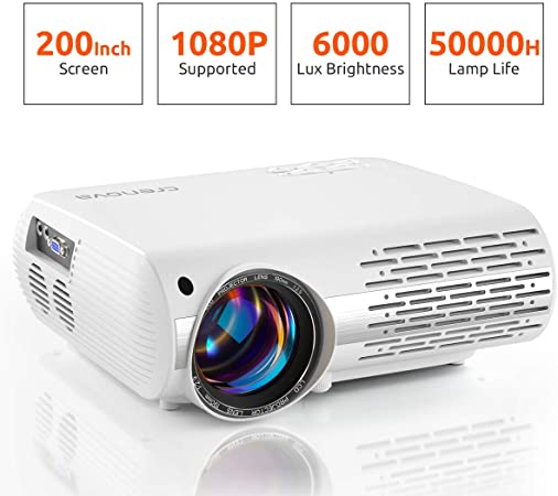 Video Projector 1080P Supported, Crenova Mini Projector 6000 Lux Home Movie Projector, 200'' Display Projector, 50,000Hrs LED Life Work with Phone, PC, Mac, TV Stick, PS4, HDMI, USB for Home Theater