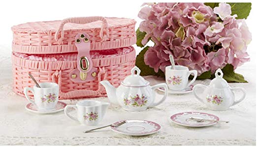 Delton Product Porcelain Tea Set in Basket Lavender and Roses