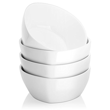 DOWAN 17oz Porcelain Bowls - 4 Packs, White, Unique Square and Round Style