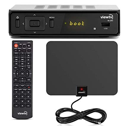 ViewTV AT-263 Digital TV Converter Box Bundle with ViewTV 50 Mile Amplified Flat HD Digital Indoor TV Antenna - PVR Recording - HDMI Out - Coaxial Out - Composite Out - USB Input