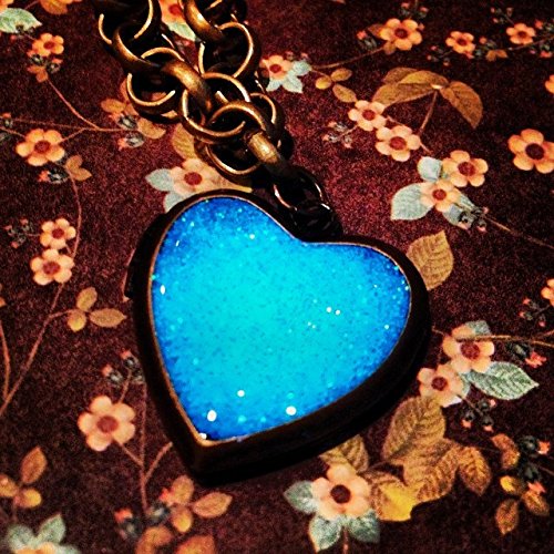 Pastel Aqua Blue Glow In The Dark Brass Heart Locket on Large Chunky Rolo Chain
