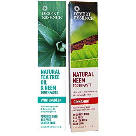 Desert Essence Natural Tea Tree Oil and Neem Toothpaste - 1 Wintergreen and 1 Cinnamint - Tastes Great and is Good for You - NO Gluten, Floride, or Abrasives