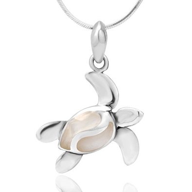 925 Sterling Silver White Mother of Pearl Shell Dangling Sea Turtle Pendant Necklace, 18 inches