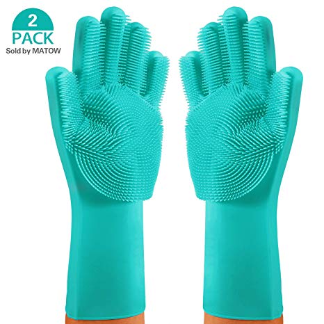 MATOW Magic Saksak Silicone Gloves Dishwashing Scrubber, Reusable Dish Wash Rubber Scrubbing Sponge Cleaning Gloves for Washing Kitchen, Bathroom, Car and Pet-(1 Pair: Left and Right, Green)