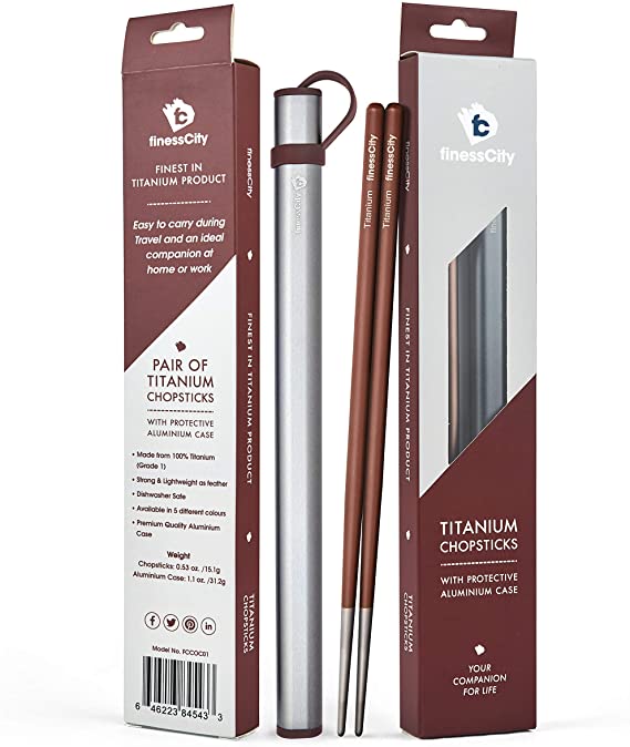 Chopsticks, 1 Pair of Titanium Chopsticks Ultra Lightweight Professional (Ti), Super Strong Healthy and Eco-Friendly 1 Pair of Chopstick Comes with Free Aluminium Case (Coffee)