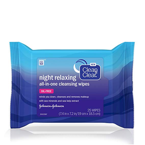 Clean & Clear Night Relaxing All-In-One Facial Cleansing & Makeup Remover Wipes with Deep Sea Minerals & Sea Kelp Extract for All Skin Types, Oil-free, Non-Comedogenic & Ophthalmologist-Tested, 25 ct