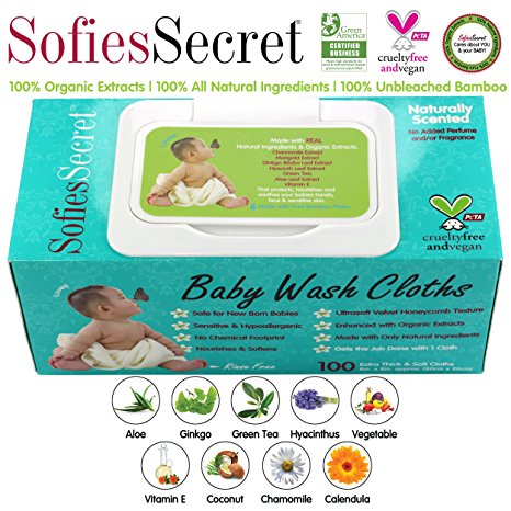 SofiesSecret Fragrance FREE Bamboo Baby Wipes, 100% Organic &Natural Ingredients, 100 Count, 8" x 8", Hypoallergenic, Sensitive