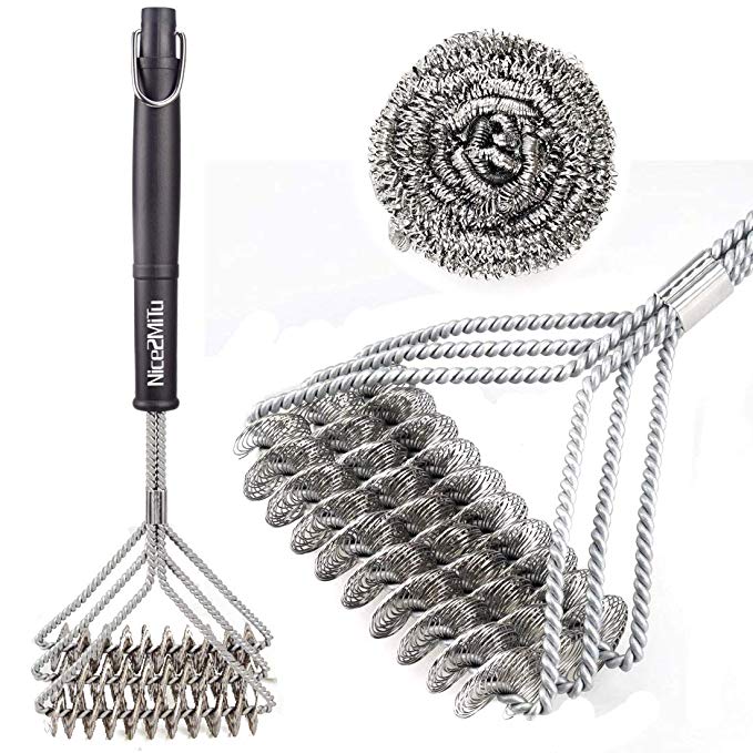 Nice2MiTu Grill Brush Bristle Free Safe BBQ Grill Brush 18" Stainless Steel Grilling Accessories Cleaner for Charcoal Porcelain/Ceramic/Iron/Steel Grill Grates