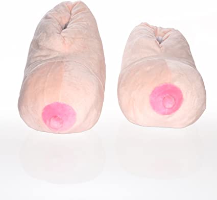 Deluxe Comfort Booby Bedroom Slippers, Small - Fun Unique Gag Gift - Perfect for College Life - The Breast Slippers Around - Mens Slippers, Natural