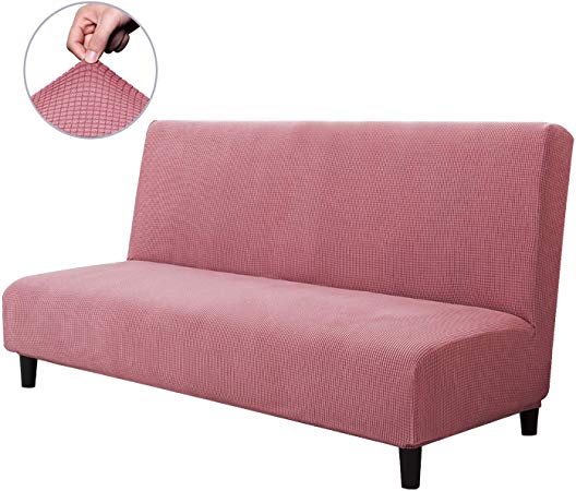 CHUN YI Jacquard Stretch Armless Sofa Slipcover, Soft Elastic Fitted Folding Sofa Bed Cover Without Armrest, Removable Machine Washable Non-Slip Furniture Protector for Futon Couch (Coral Pink)