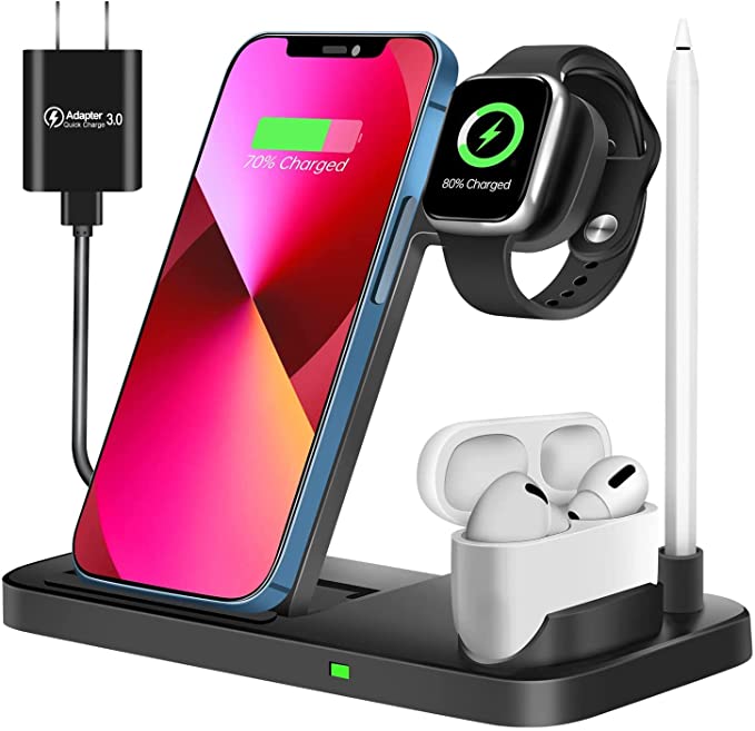 Wireless Charger Station, 4 in 1 Fast Charger Stand for iPhone 13/12 Pro Max/XR/XS/X/Airpods/Airpods Pro and Apple Pencil Charger, Apple Watch Series iWatch SE 6 5 4 3/Samsung Galaxy (QC3.0 Adapter)