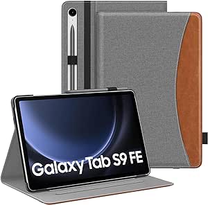 MoKo Case for Samsung Galaxy Tab S9 FE 10.9-Inch 2023 (SM-X510/SM-X516/SM-X518), PU Leather Multi-Angle Viewing Stand Cover Case with Pencil Holder, Front Pocket, Auto Wake/Sleep, Denim Grey & Brown