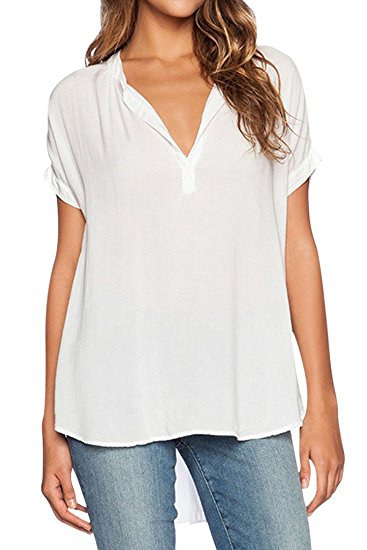 Dokotoo Womens V Neck Short Sleeve Oversize Chiffon Blouse Shirt Tops (S-XXL)