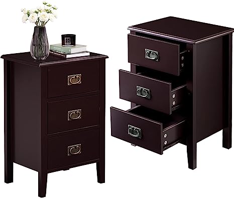 VECELO Nightstand End Side Table with Three Drawer, Night Stand Storage Cabinet for Living Room, B, Espresso