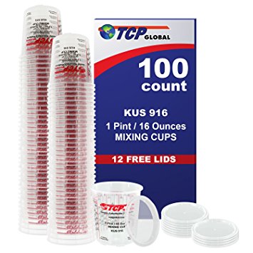 (Full Case of 100 each - Pint (16oz) PAINT MIXING CUPS) by Custom Shop - Cups have calibrated mixing ratios on side of cup BOX OF 100 Cups