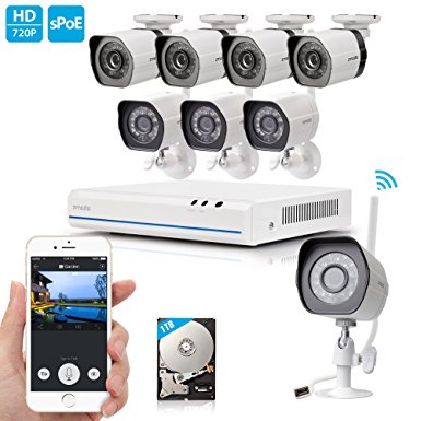 Zmodo 4 Wired sPoE Camera and 4 Wireless IP Security Cameras High Definition NVR Surveillance System with 1TB HDD