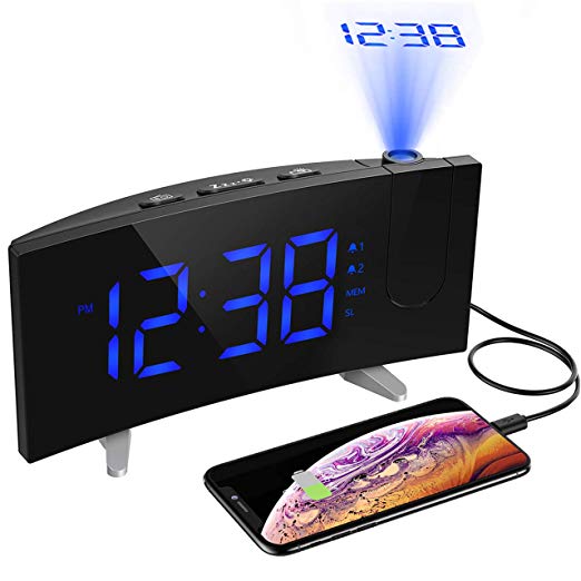 Alarm Clocks, [Upgrade Version] PICTEK HM268 Projection Alarm Clock with FM Radio, 5-inch Dimmable Screen, Kids Clock Radio with Dual Alarms, 3 Alarm Sounds, FM Sleep Timer and USB Port for iPhone Tablet, Digital Alarm Clock Projector for Bedroom Office