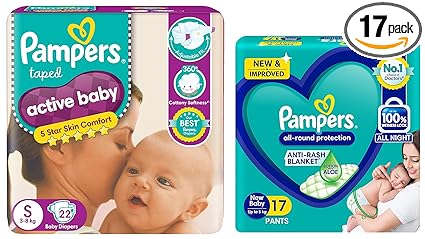 Pampers Active Baby Taped Diapers, Small size Diapers, (S)22 count taped style custom fit & All round Protection Pants, New Born, Extra Small size baby diapers (NB/XS), 17 Count, Lotion with Aloe Vera