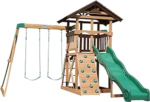 Backyard Discovery Lightning Ridge All Cedar Wooden Swing Set, Raised Clubhouse, 2 Belt Swings, 10 Inch Wave Slide, Ladder, Climbing Rock Wall