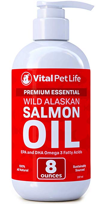 Salmon Oil for Dogs, Cats, and Horses, Fish Oil Omega 3 Food Supplement for Pets, Wild Alaskan 100% All Natural, Helps Dry Skin, Allergies, and Joints, Promotes Healthy Coat, Helps Inflammation, 8 oz