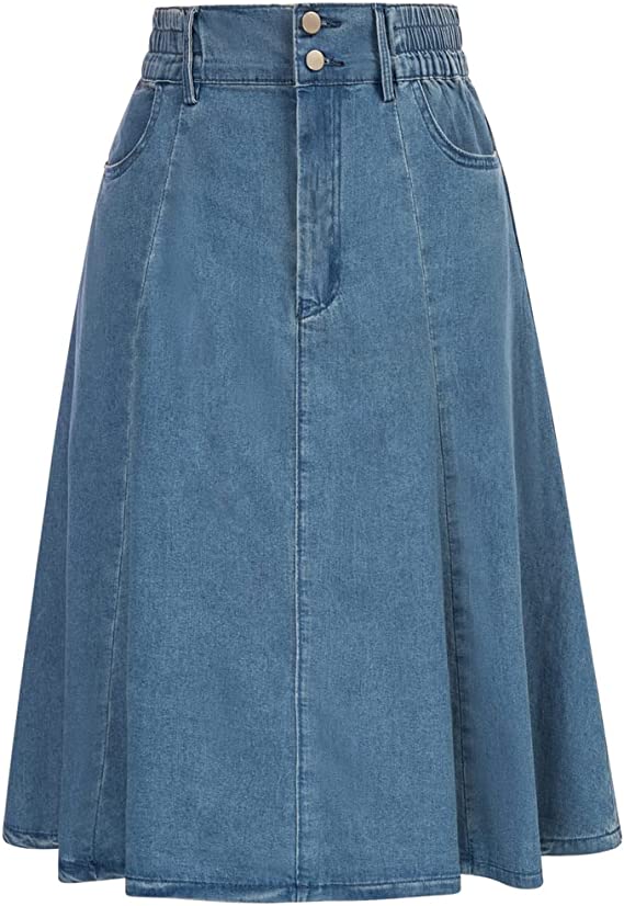 Kate Kasin Denim Skirts for Women Knee Length Jean Skirt Elastic Waist Skirts with Pockets