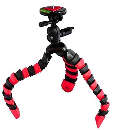 Flexible Tripod w/ Quick Release Plate Bubble Level For Canon, Fuji, Fujifilm, Nikon, Panasonic, Pentax, Olympus, Samsung, Sony Compact System and Action Digital Camera Camcorder (Red/Black)