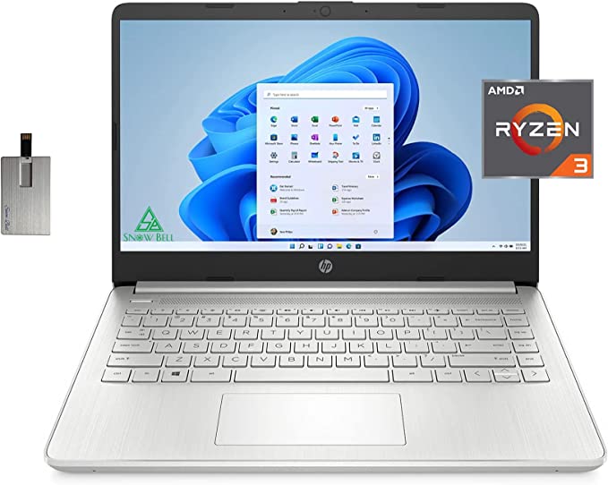 HP 2022 14" FHD IPS Display Laptop, AMD Ryzen 3-3250U, 16GB RAM, 512GB PCIe SSD, AMD Radeon Graphics, True Vision HD Camera, Wi-Fi 5, Bluetooth, Win 11, Silver, 32GB Snow Bell USB Card