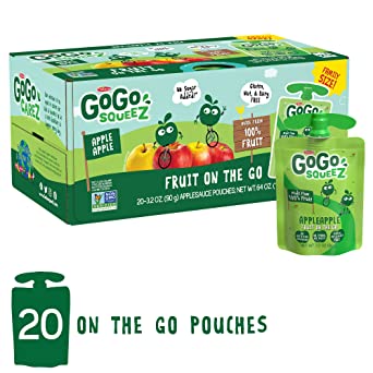 GoGo squeeZ Applesauce on the Go, Apple Apple, 3.2 oz (20 Pouches), Gluten Free, Vegan Friendly, Unsweetened Applesauce, Recloseable, BPA Free Pouches (Packaging May Vary)