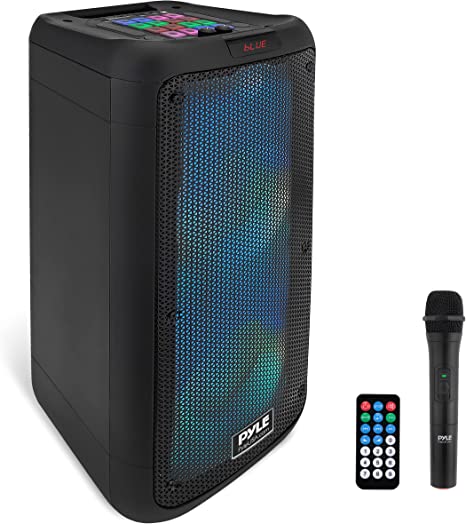 Portable Bluetooth PA Speaker System - 600W Dual 8” Rechargeable Outdoor BT Speaker - TWS, Party Lights, LED Display, FM/AUX/MP3/USB/SD, ¼ in, Wheels - Wireless Mic, Remote Control - Pyle PDJ28WM