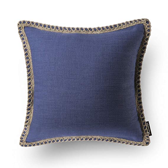 Phantoscope Farmhouse Burlap Linen Trimmed Tailored Edges Throw Pillow Case Cushion Covers Navy Blue 18" x 18" 45 x 45 cm