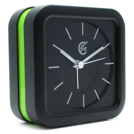 JCC Loud Melody Alarm Square Non Ticking Silent Quartz Movement Analog Travel Bedside Desk Alarm Clock with Snooze and Night Light Function, Battery Operated, Simple to Use (Black-green)