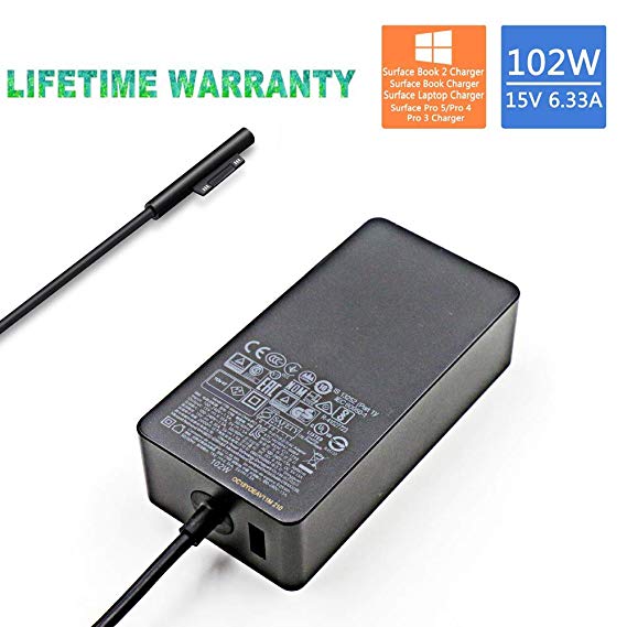 (Original Quality) 102W 15V 6.33A Power Adapter Charger for Microsoft Surface Laptop Surface Book 2 Surface Go Surface Pro 6 Pro 5 Pro 4 Pro 3 with USB Charging Port and 6ft Cord