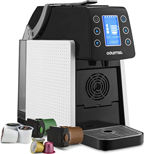 Gourmia GCM5100 One Touch K-Cup & Espresso Capsule Coffee Machine, Compatible With Nespresso and K-Cup & More, Adjustable Temperature & Size, Digital Display, Demi Shot-Glass Tray - White