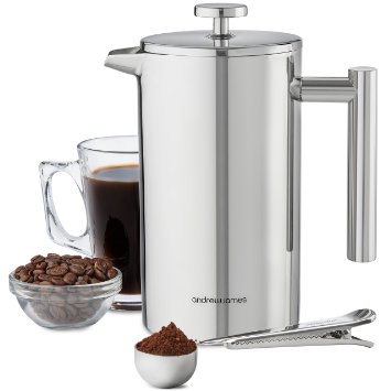 Andrew James 1000ml Double Walled Stainless Steel Cafetiere Gift Set With Coffee Measuring Spoon And Bag Sealing Clip - 2 Year Warranty