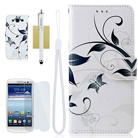 Galaxy S3 Case,S3 Case,@Uncle.Y Leather Wallet Case Stand Flip Case Fashion Design Pattern Protective Case for Samsung Galaxy S3 I9300 (white flower)