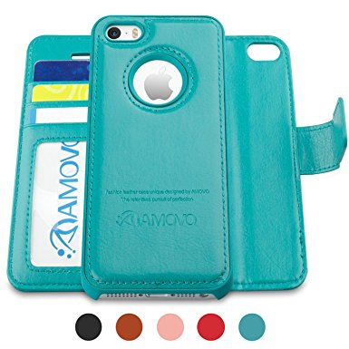 Amovo iPhone SE Case, iPhone SE Wallet Case [Detachable Wallet Folio] [2 in 1] [Premium Vegan Leather] iPhone SE 5 5S Leather Case with Wrist Strap Gift Box Package (Aqua)