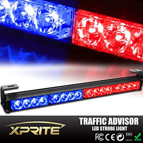 18" 16 LED 7 Modes Traffic Advisor Emergency Warning Vehicle Strobe Light Bar Kit (Blue/Red)
