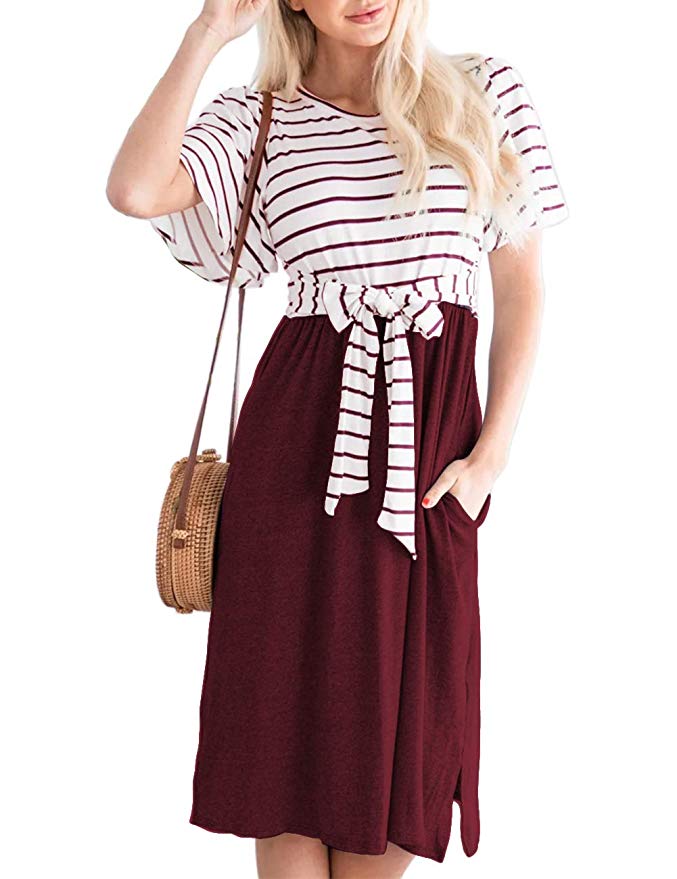 MEROKEETY Women's Summer Striped Ruffle Sleeves Tie Waist Pockets Casual Swing Midi Dress