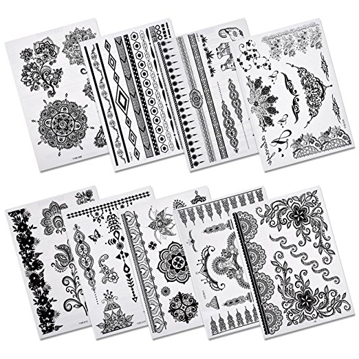 Aboat Pack of 9 Sheets Henna Temporary Tattoo Black Body Art Sticker
