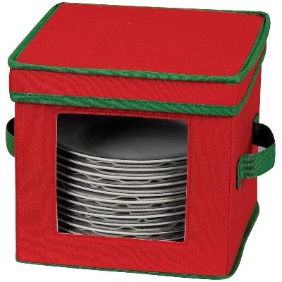Household Essentials 532-HOL Holiday Dinnerware Storage Chest for Dessert Plates or Bowls, Red