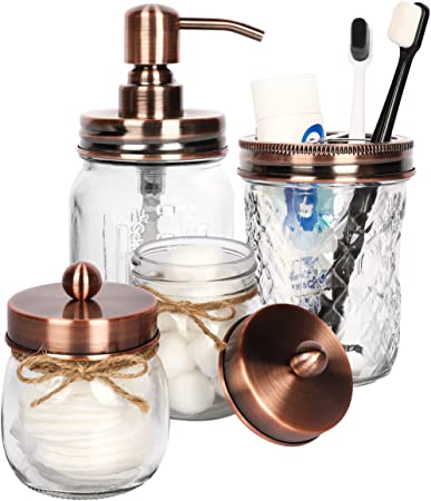 Mason Jar Bathroom Accessories Set 4 - Bronze - Mason Jar Soap Dispenser & 2 Apothecary Jars & Toothbrush Holder - Rustic Farmhouse Restroom, Bathroom Home Decor Clearance, Countertop Vanity Organizer (Brown)