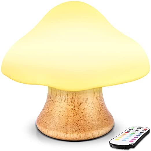Children's Night Light ANGTUO Wooden Mushroom Lamp Silicone LED Bedside Nursery for Baby Breastfeeding Kids Bedroom - 16 Color Changing - 4 Brightness - 4 Light Mode Control by Remote. New Style(2020)
