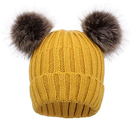 Arctic Paw Cable Knit Beanie with Faux Fur Pompom Ears