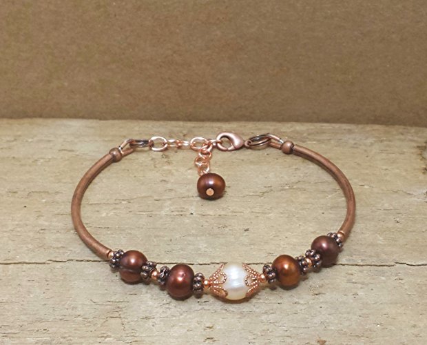 Copper with White and brown Freshwater Pearl Bracelet