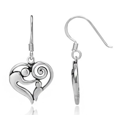 925 Sterling Silver Mom and Child Heart Hug Love Dangle Earrings